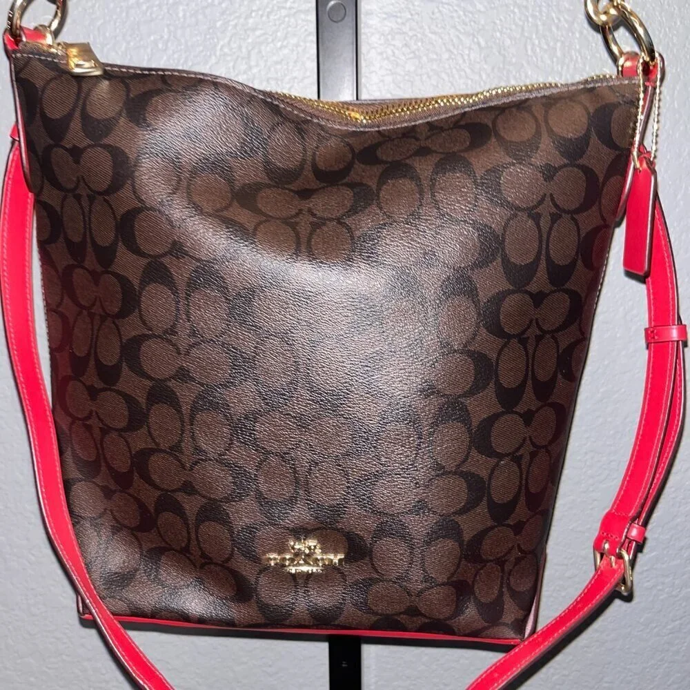 COACH ABBY DUFFLE SHOULDER & CROSSBODY STRAP BROWN SIGNATURE & RED NWOT 12